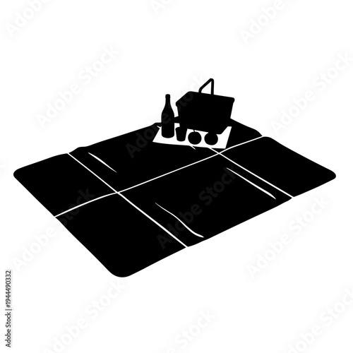 Simple black and white illustration of a picnic setup with a basket, bottle, and fruit on a blanket
