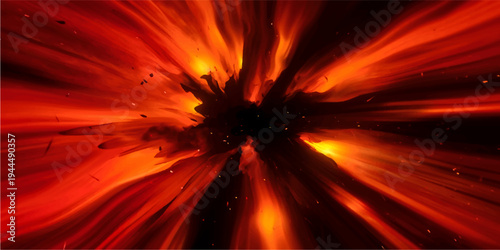 An intense explosion of orange and red flames creates a glowing star texture against a black space background, shining with bright heat and energy in this hot fire illustration