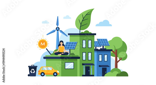 Green City Concept: Sustainable Urban Living, Eco-Friendly Buildings with Solar Panels, Wind Energy, Recycling, and Mindful Wellness.
