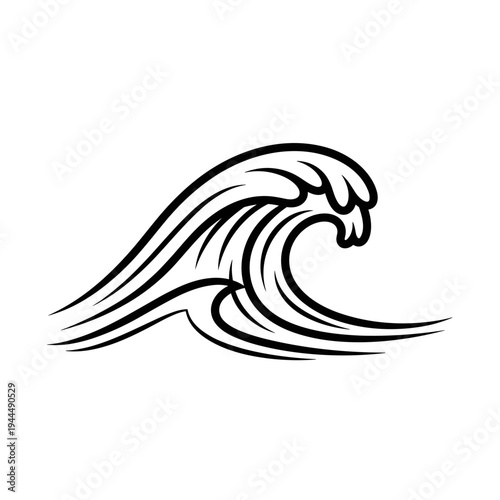 Stylized black and white wave illustration with flowing lines and a crest
