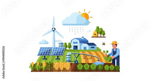 Sustainable Smart Agriculture Concept with Farmer, Renewable Energy, and Modern Irrigation in a Rural Landscape