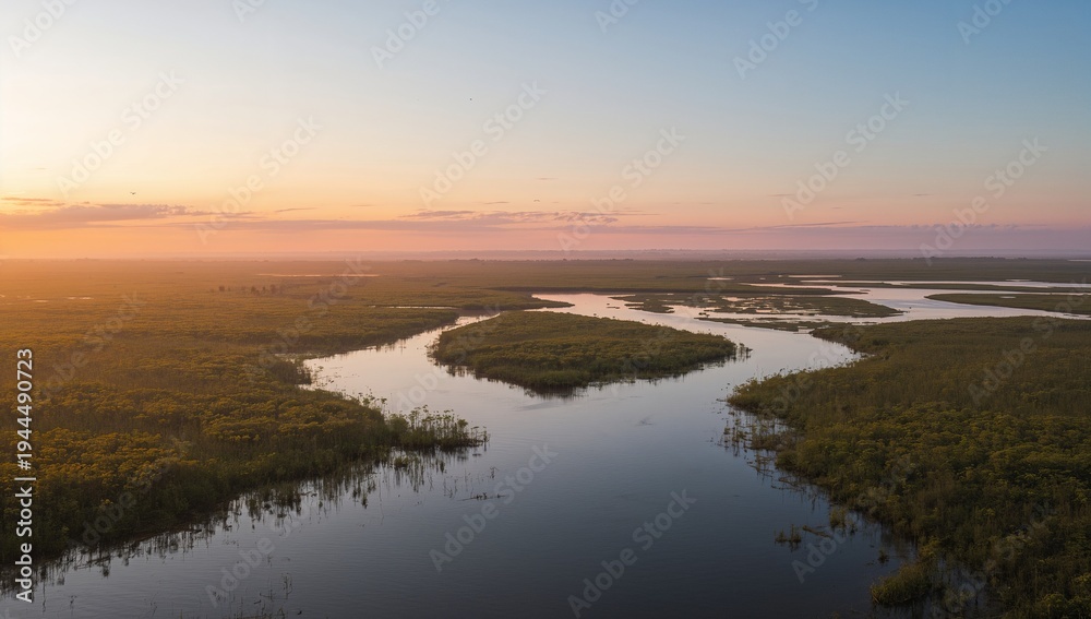 Obraz premium Flowing winding river snaking through wetland at sunrise, with vegetated island and side channels