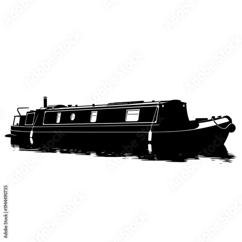 Silhouette of a narrowboat floating on calm water, a classic canal boat design