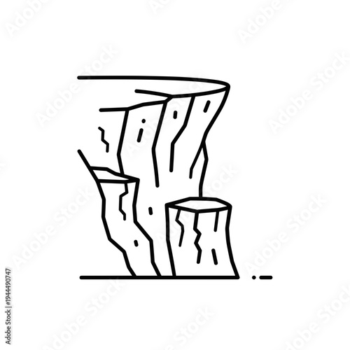 Stylized illustration of a dramatic cliff edge with jagged rock formations and a detached pillar