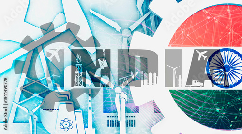 Energy and Power icons set. Flag India in gear. Sustainable energy generation and heavy industry. Heavy industry concept.