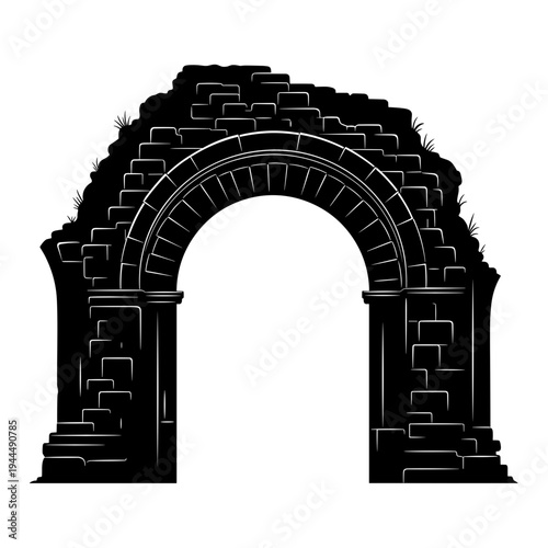 Silhouette of ancient stone archway ruins with weathered bricks and overgrown grass