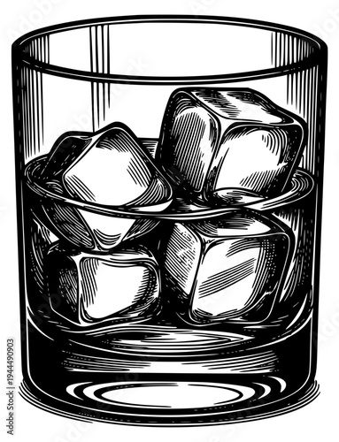 Whiskey glass with ice cubes illustration