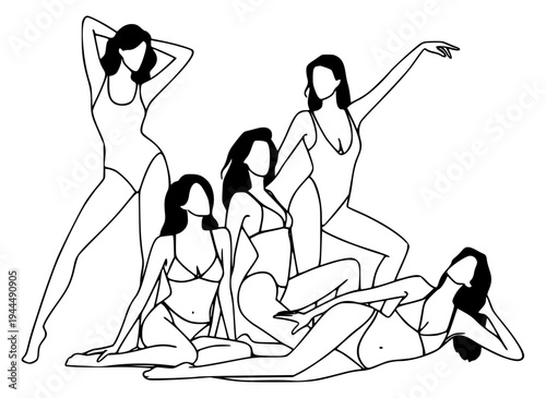 Female nude line art group women