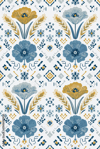 Folk floral pattern with poppies and wheat