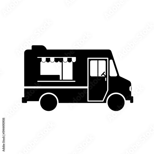 Simple black and white illustration of a food truck with a serving window and awning