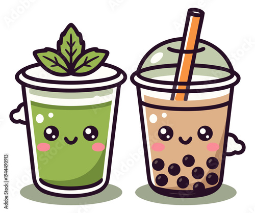 Cute matcha and boba drinks kawaii