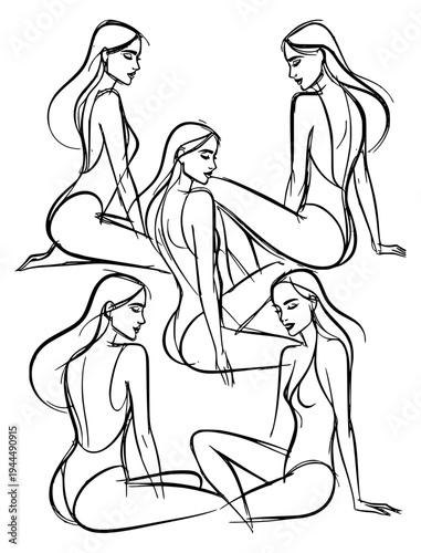 Sketch of nude female figures in various poses (line drawing)