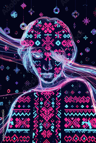 Neon cyber folk ukrainian woman portrait