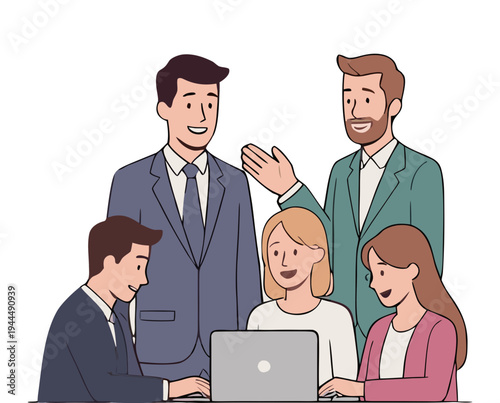 Diverse business team collaboration laptop discussion illustration