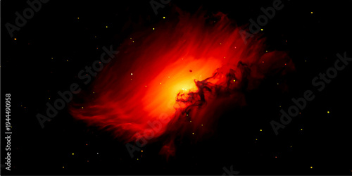 An abstract explosion of red and orange fire and smoke fills the black sky with a burning heat and fiery power, creating a hot inferno of light and energy from an exploding inferno