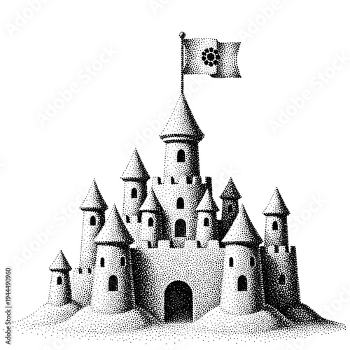 Intricate stippled sandcastle with a flag flying high above its towers