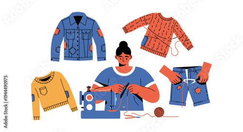 Sustainable Fashion and DIY Clothes Repair Illustration: Woman Mending, Upcycling, and Crafting Garments