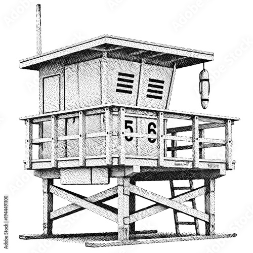 Classic lifeguard tower with numbers 5 and 6, rendered in a stippled artistic style