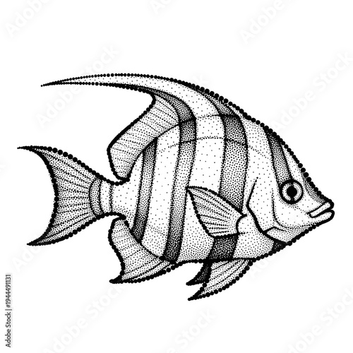 Striking black and white stippled angelfish illustration with bold vertical stripes
