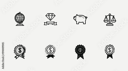 Business and Finance Line Icons Set: Global Economy, Wealth, Savings, Justice, and Achievement Awards Collection