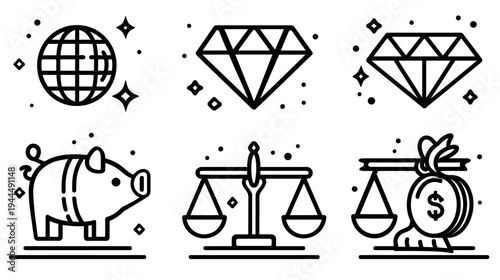 Finance and Wealth Line Icon Set: Global Business, Luxury Diamond, Piggy Bank Savings, and Justice Scales for Value.