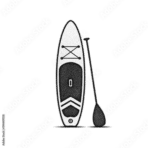 Stand up paddleboard and paddle in stippled black and white graphic style