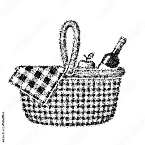 Classic picnic basket with checkered cloth, apple, and bottle, rendered in stippling technique