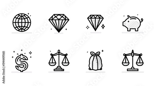 Business and Finance Icons Set: Global Economy, Wealth, Justice Scales, Money, Diamond, Piggy Bank, Gift - Line Art