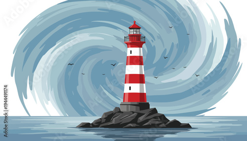 A red and white lighthouse standing on a rocky island amidst a stormy sea