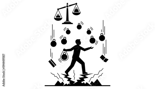 A man struggles to balance weights on a scale in a chaotic scene