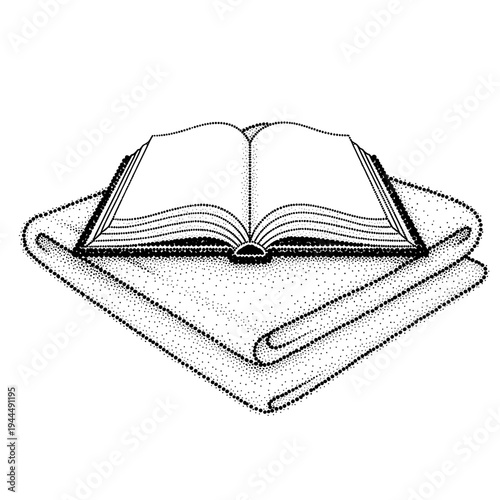 Open book resting on folded fabric, rendered in a stippled black and white illustration style