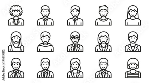 Diverse User Profile Avatars Line Icons Set. Collection of generic people, male and female bust silhouettes for web and app design.