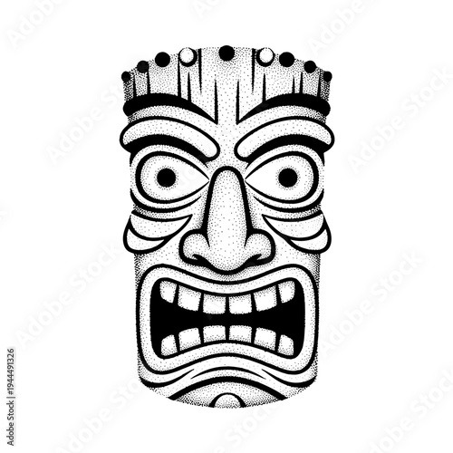 Fierce tiki mask with a detailed stippled texture and an aggressive expression