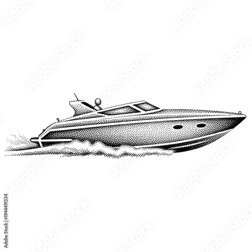 Speedboat racing through choppy water in a stippled illustration style