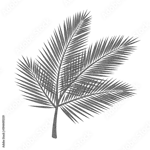 Stylized palm frond rendered in a unique dot art technique on a white background
