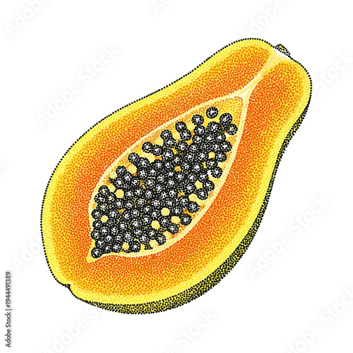 Stylized cross-section of a ripe papaya fruit with vibrant orange flesh and black seeds