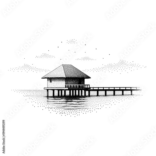 Minimalist stippled illustration of a stilted house on the water with a pier and clouds