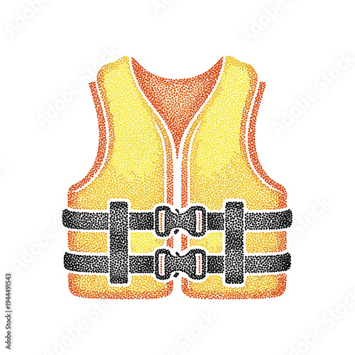 Bright yellow life vest with orange trim and black straps, rendered in stippling technique
