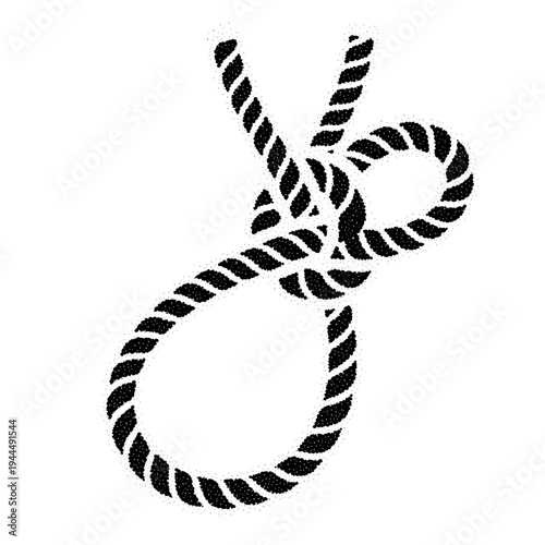 Close-up of a black and white illustration of a noose knot on a white background