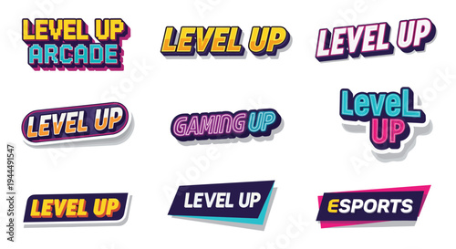 Gaming typography designs, level up, esports, arcade style, colorful text, bold lettering, dynamic graphics, branding concept, digital content, flat vector illustration