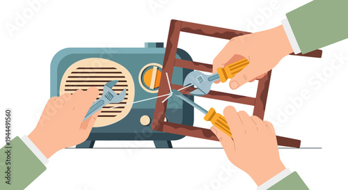 Collaborative Repair Work: Hands Using Wrench and Screwdriver to Fix a Device, Symbolizing Teamwork and Problem-Solving