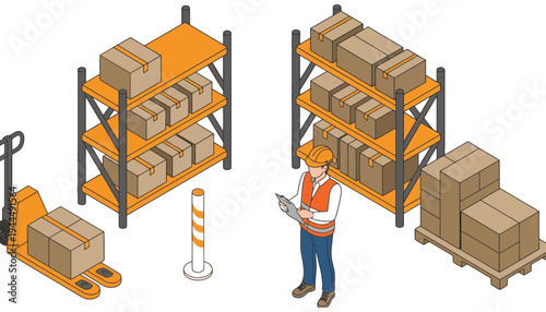 Warehouse worker in orange vest checking inventory on clipboard near shelving