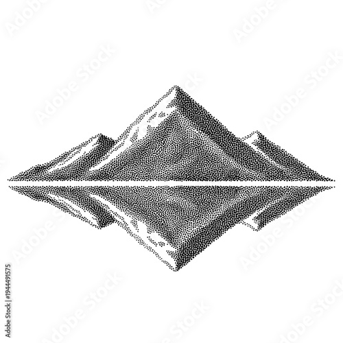 Geometric mountain range reflected in water, stippled illustration, minimalist design