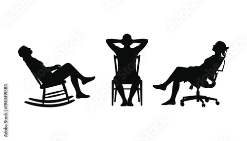 Silhouette of people sitting in different chairs on a white background