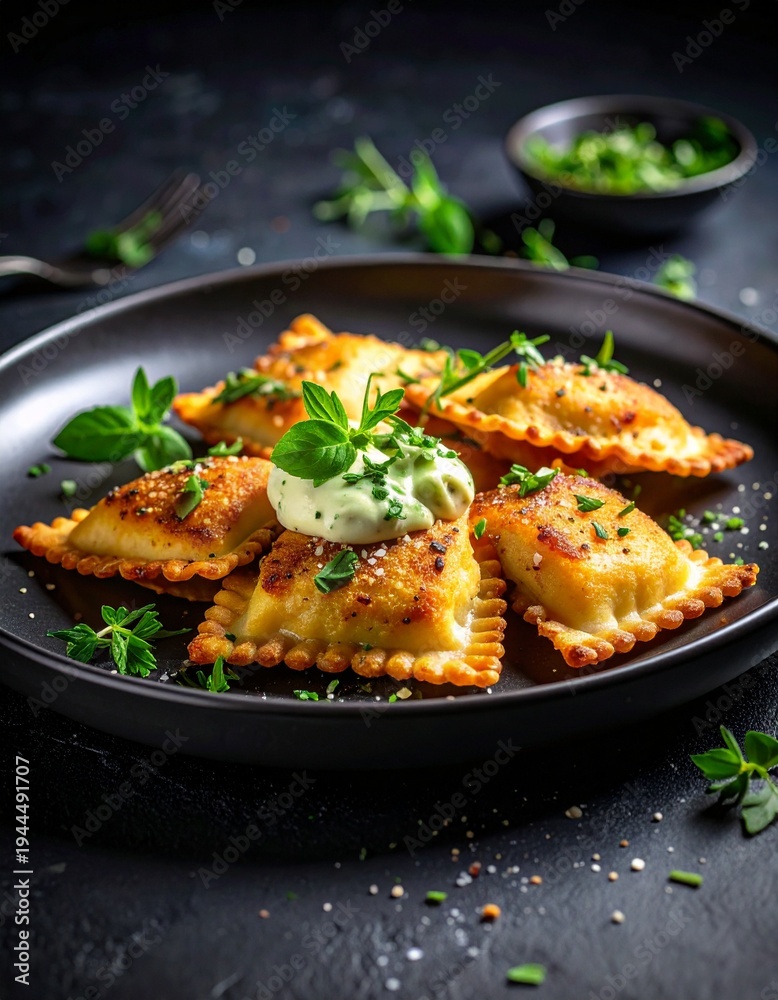 Fototapeta premium Gebratene Maultaschen mit Kräuterschaum