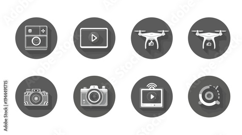 Photography and Video Technology Icons Set. Flat Design Multimedia Devices with Cameras, Drones, and Media Players Symbols.