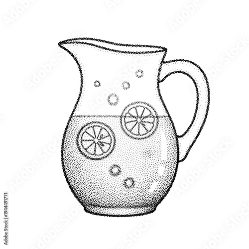 Stippled illustration of a glass pitcher filled with lemonade and lemon slices