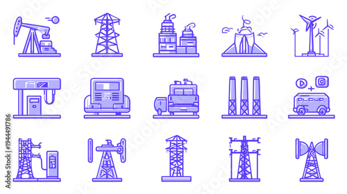 Energy, Power & Industry Vector Icons Set. Electricity, Oil, Gas, Renewable Resources & Transport Infrastructure Line Art Collection.
