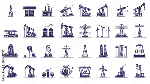Industrial and Energy Icons Set: Factories, Oil Rigs, Wind Turbines, Power Plants, Mining, and Renewable Energy Structures
