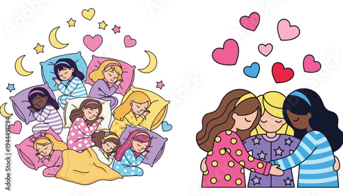 A group of diverse girls having a sleepover together at night